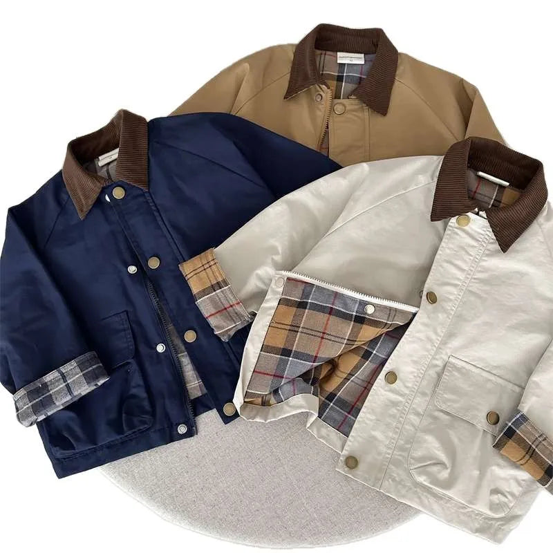 2025 UNITIM Spring Autumn Kids Boys Jacket Plaid Spliced ​​Pocket Long Sleeve Toddler Boys Outerwears Coat Children Boys Jacket