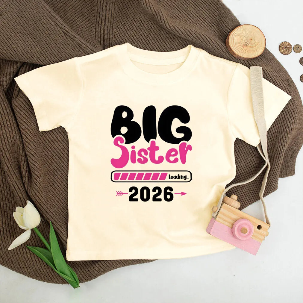 Big Sister Loading 2026 Printed Kids Shirt Pregnancy Announcement Clothes Big Sister T-shirt Child Summer Tee Kids Retro Outfit