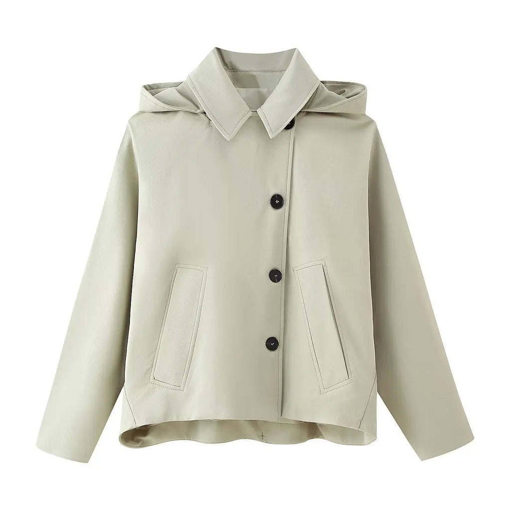 Spring 2025 new women's versatile lapel single-breasted long sleeve pocket hooded windbreaker jacket