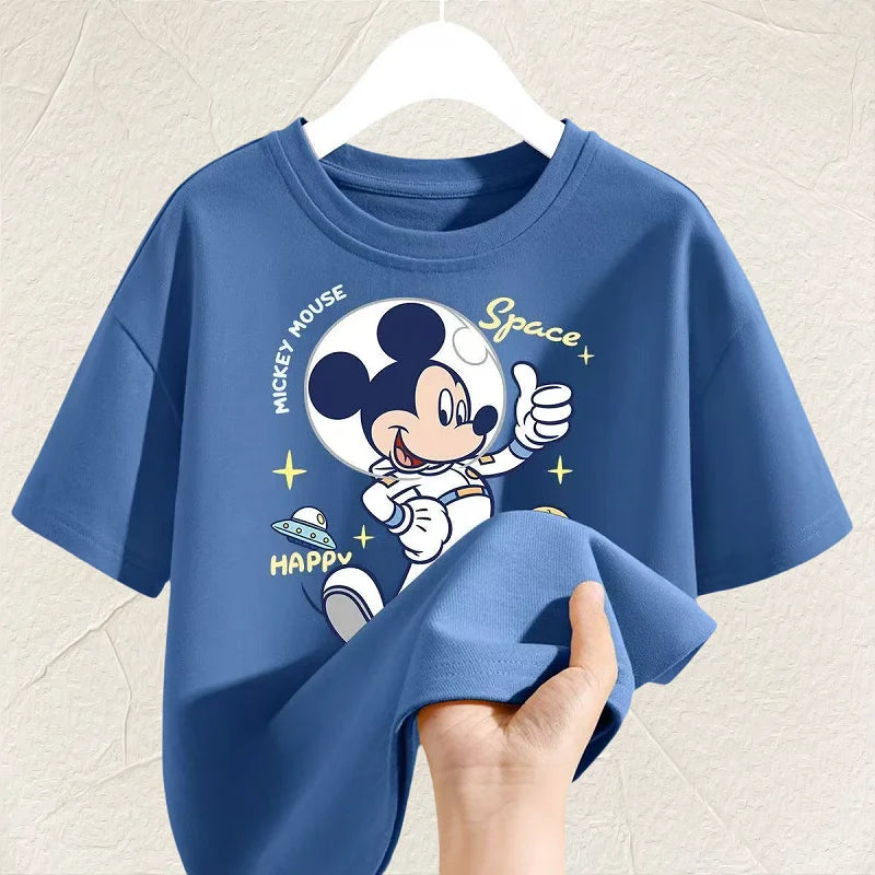 Summer Baby Girls Solid Clothes Kid Boy Disney Mickey Printed Short Sleeve T-shirts Children Cartoon O-Neck Soft Breathable Top