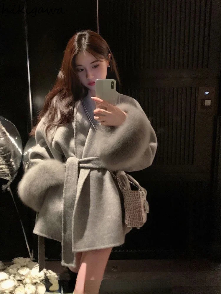Fashion Coats Women Patchwork Furry Long Sleeve Bandage Outwear Korean Y2k Clothing Slim Waist Temperament Solid Color Jackets