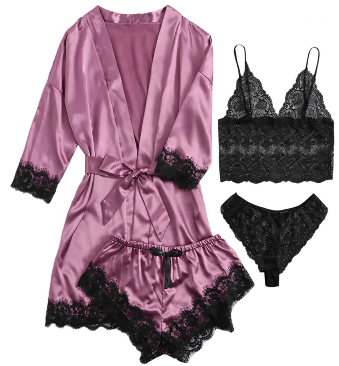New Women's Sleepwear Set For Summer, A 4-piece Lace Camisole Home Outfit With A Robe, A Sexy V-neck Tie-sleeve Nightdress