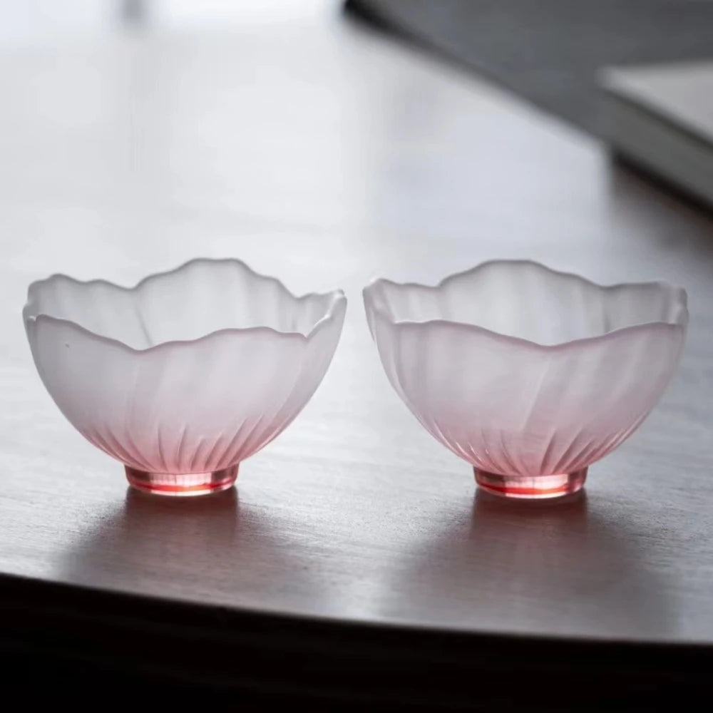 4 Pieces Glazed Glass Frosted Pink Sakura Japanese Teacup, Pink Glazed Lady, Household Flower Teacup, Tea Cup, Petal Cup