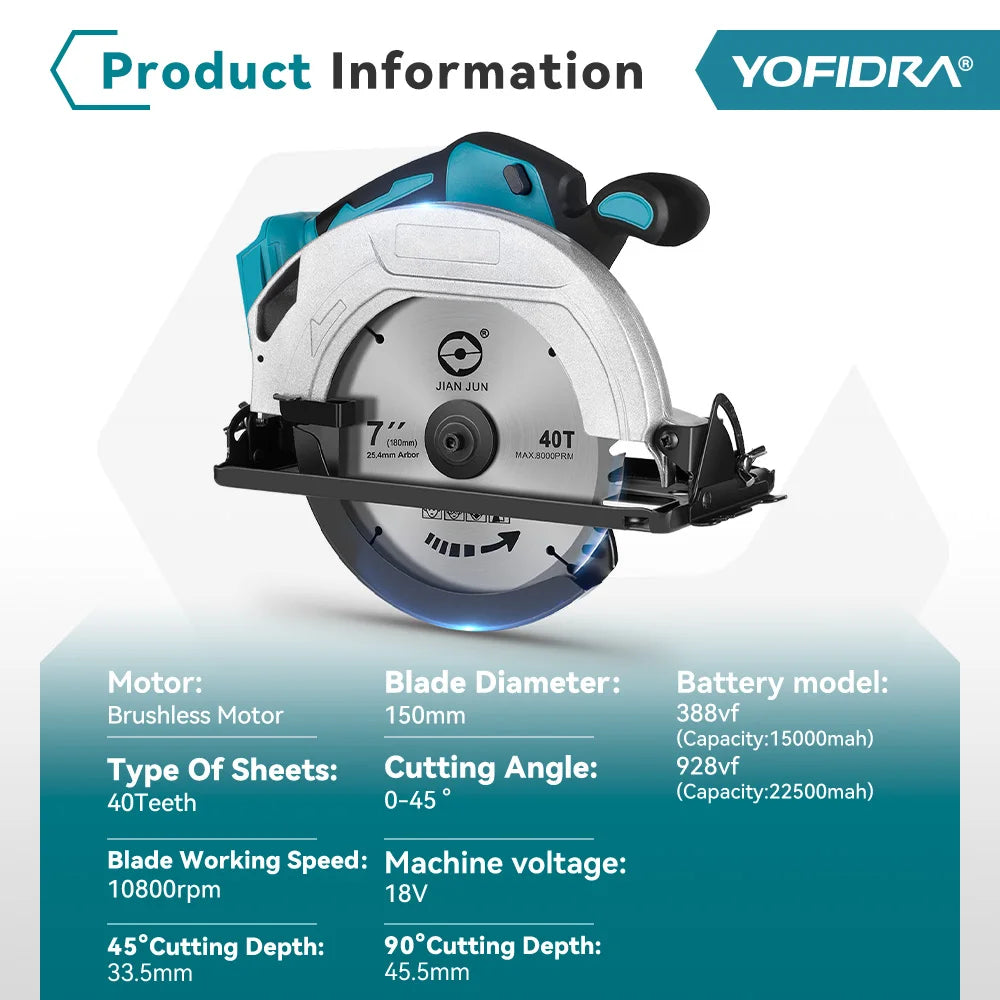 YOFIDRA 10800RPM 5/7 Inch Electric Circular Saw Handheld Multifunction Rechargeable Cutting Machine For Makita Battery Pin