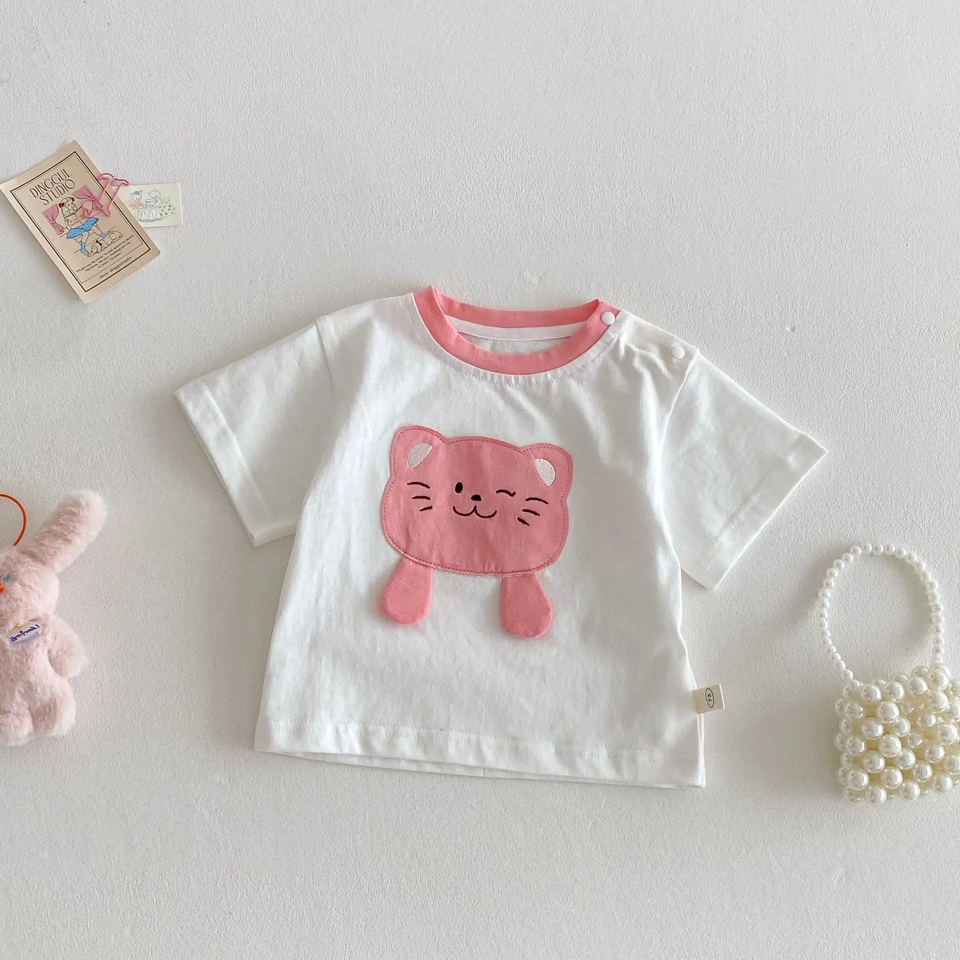 Girl's Cartoon T-shirt 2025 New Summer Baby Patch Cat Base Shirt Thin Children's Western Korean Edition Summer Dress