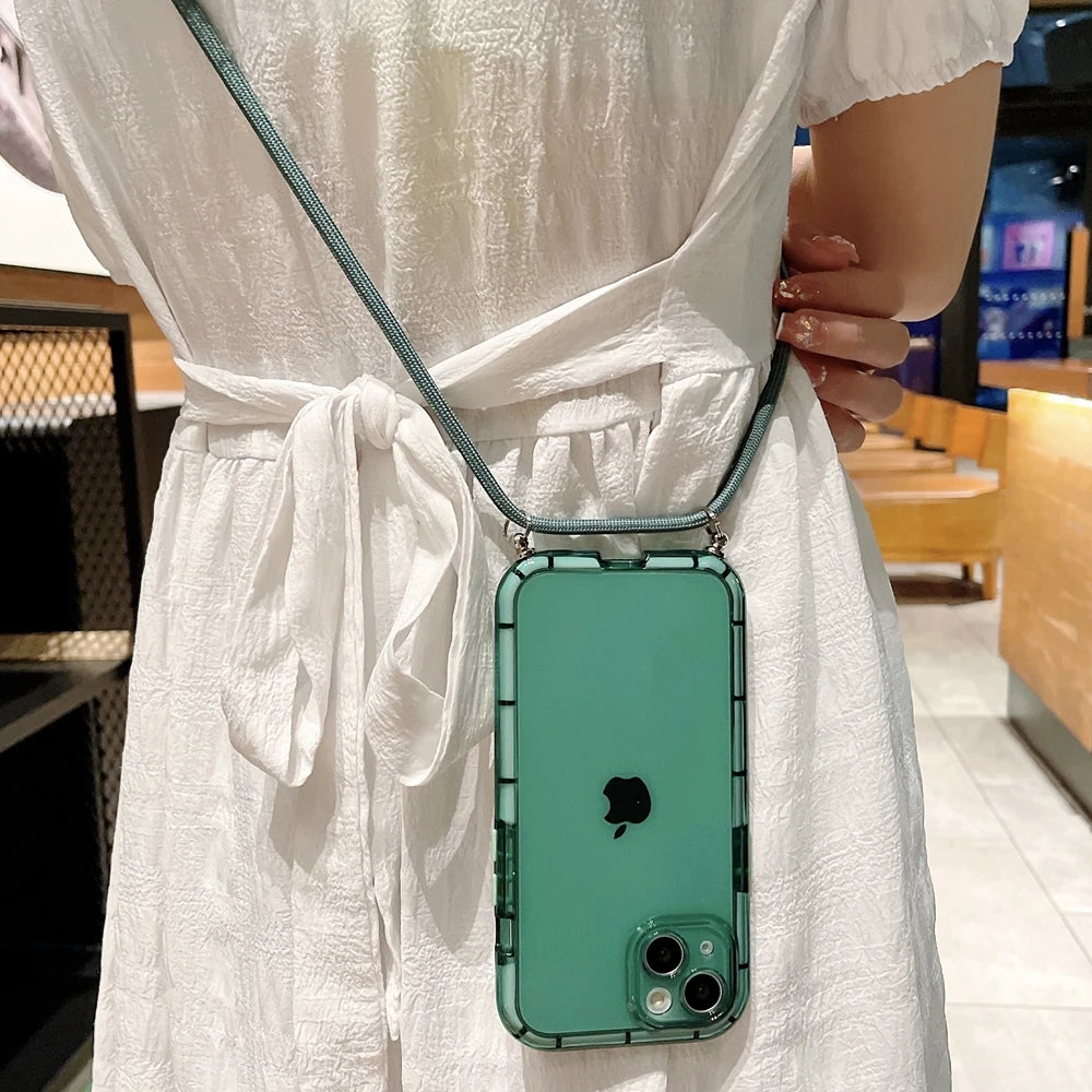Crossbody Necklace Lanyard Strap Cord Transparent Soft Case for iPhone 14 13 12 11 Pro Max X XR XS 7 8 Plus Armor Luminous Cover
