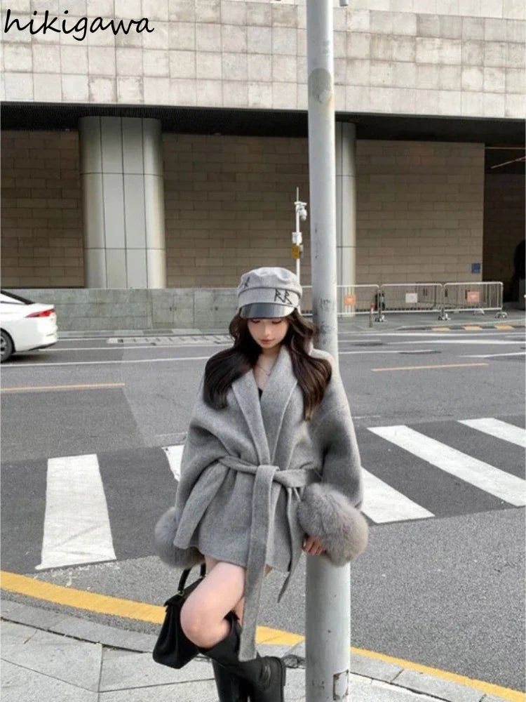 Fashion Coats Women Patchwork Furry Long Sleeve Bandage Outwear Korean Y2k Clothing Slim Waist Temperament Solid Color Jackets