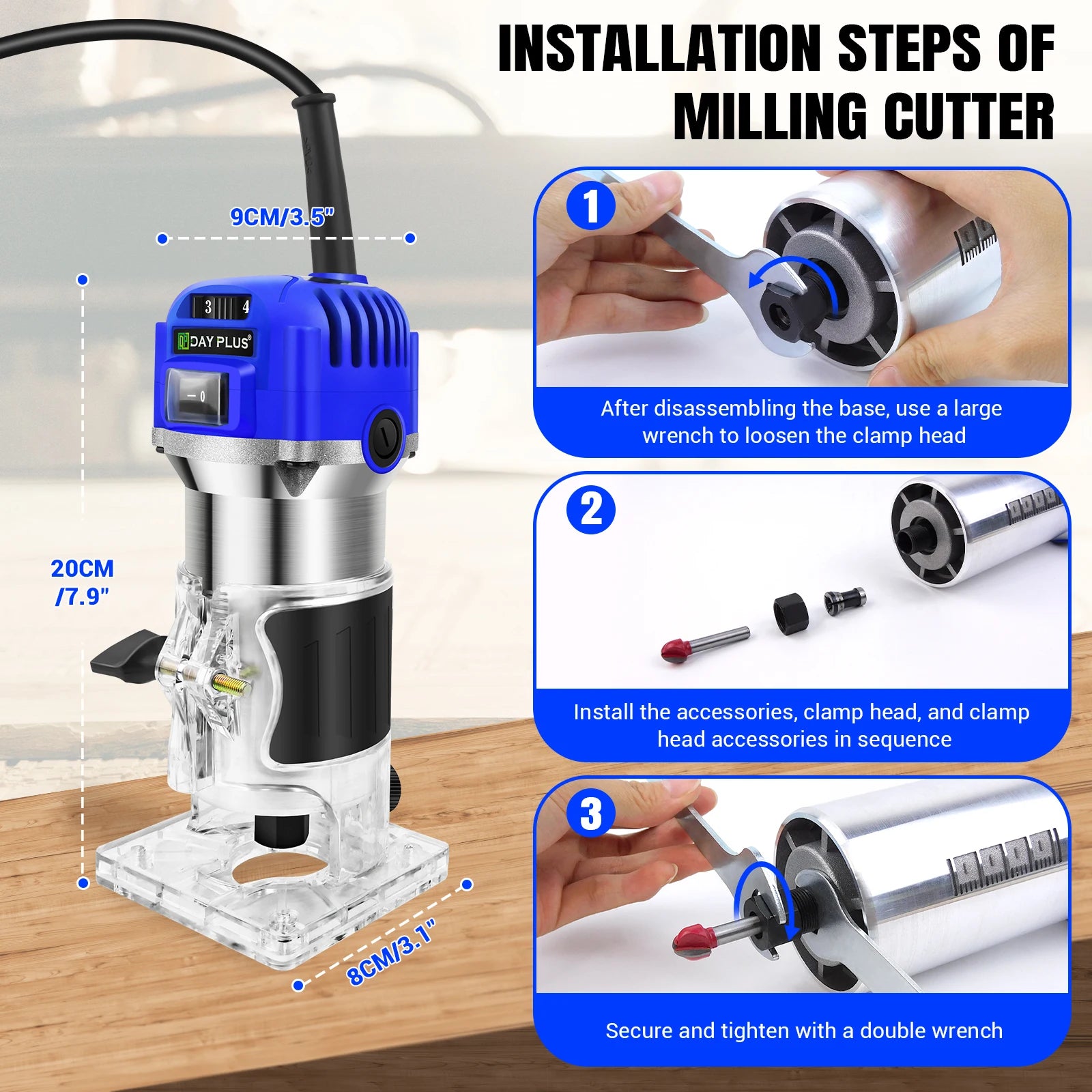 800W Electric Wood Hand Trimmer Laminator, , 4000-30000 RPM, 6 Variable Speed, 15PCS 1/4" Router Bits Set, Transparent Base