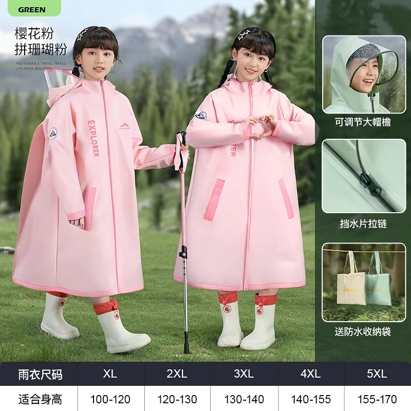 Children's Full Body Raincoat, Boys' and Girls' Primary School Students, Zipper Closure, PEVA, Anti-Heavy Rain, Schoolbag Space Raincoat
