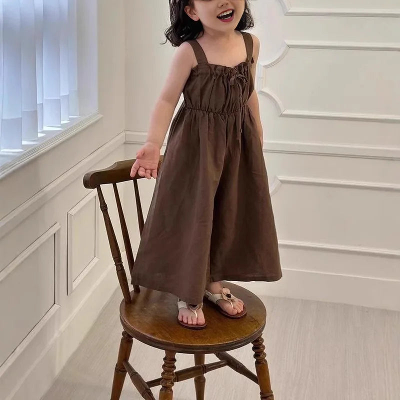 2025 Summer New Girls Jumpsuit Loose Children Wide Leg Pants Cotton Baby Girls Sling Pants Fashion Kids Clothes
