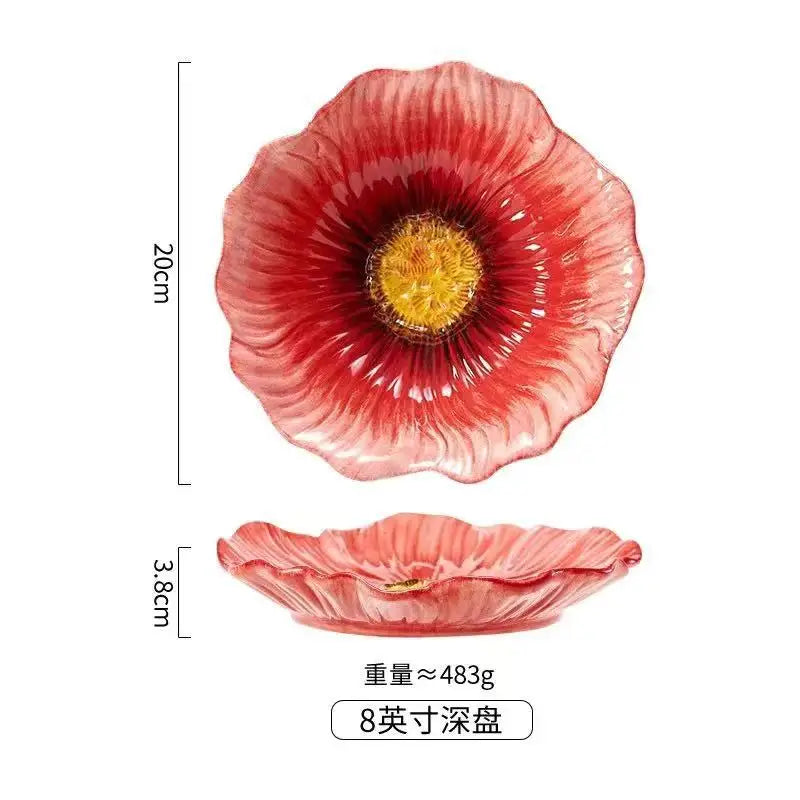 Pink Ceramic Flower Plate Dining Plates Decorative Bowl Dessert Plate Soup Bowls Water Cup Serving Plates Fruit Bowl Snack Bowls