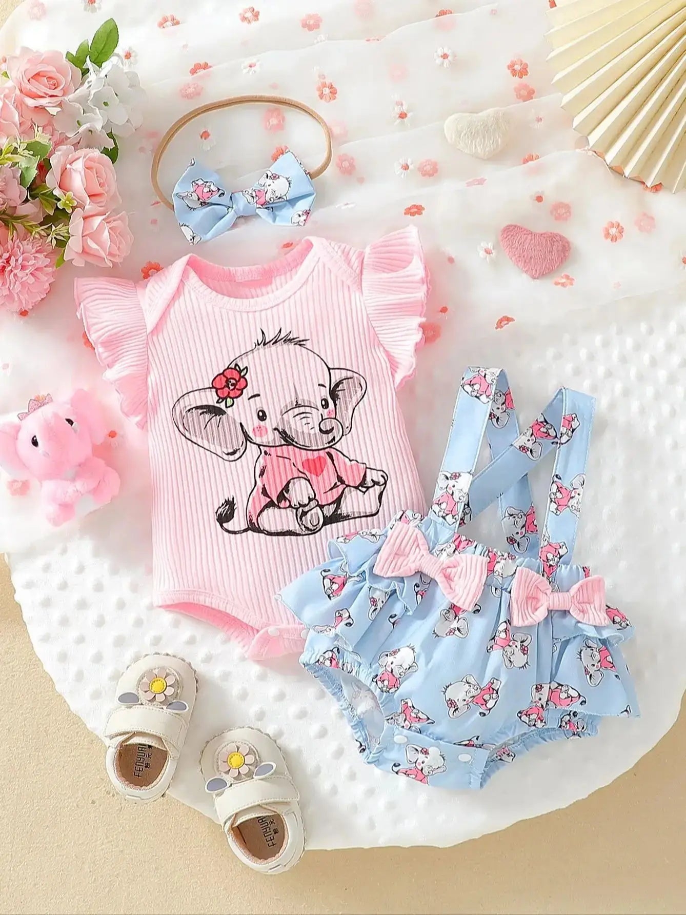 2025 New Summer Elephant Print T-shirt with Matching Headband and Overalls for Baby Girl, Casual and Versatile Three-piece Set