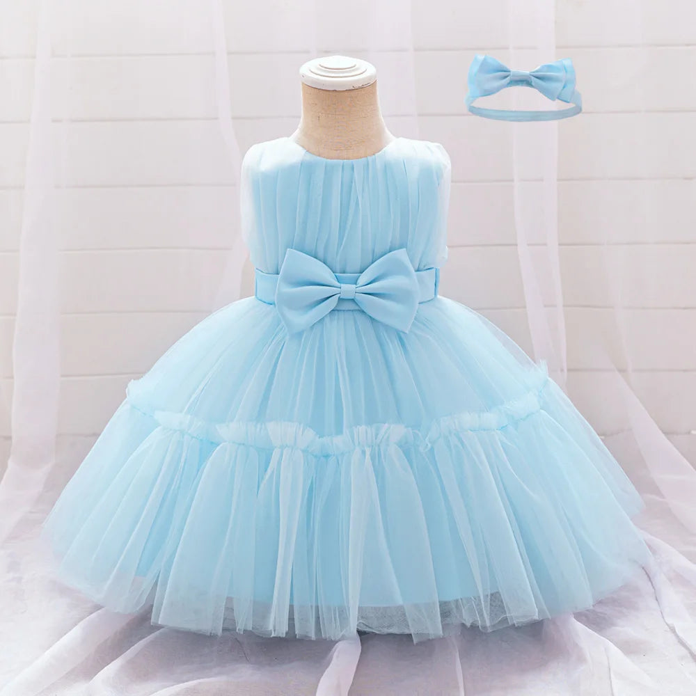 Baby Pleated Girl Princess Dress Outfit Infant White 1st Birthday Baptism Dress Toddler Bow Party Wedding Prom Gown Baby Clothes