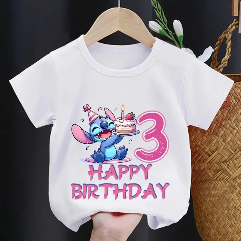 Disney Lilo Stitch 1-9 Birthday Kids Tshirts for Baby Party T-Shirt Tees Girls Party Children T Shirt with Clothes Boy Tshirt