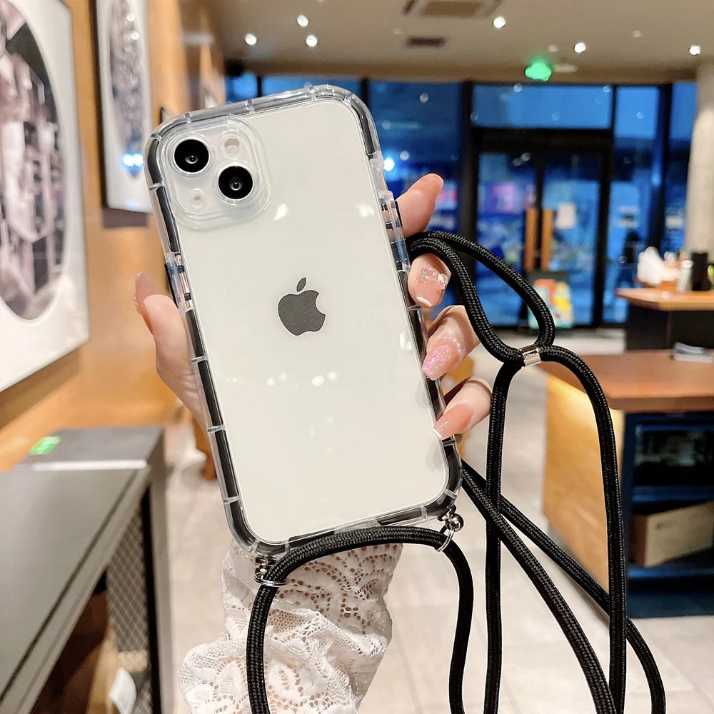 Crossbody Necklace Lanyard Strap Cord Transparent Soft Case for iPhone 14 13 12 11 Pro Max X XR XS 7 8 Plus Armor Luminous Cover
