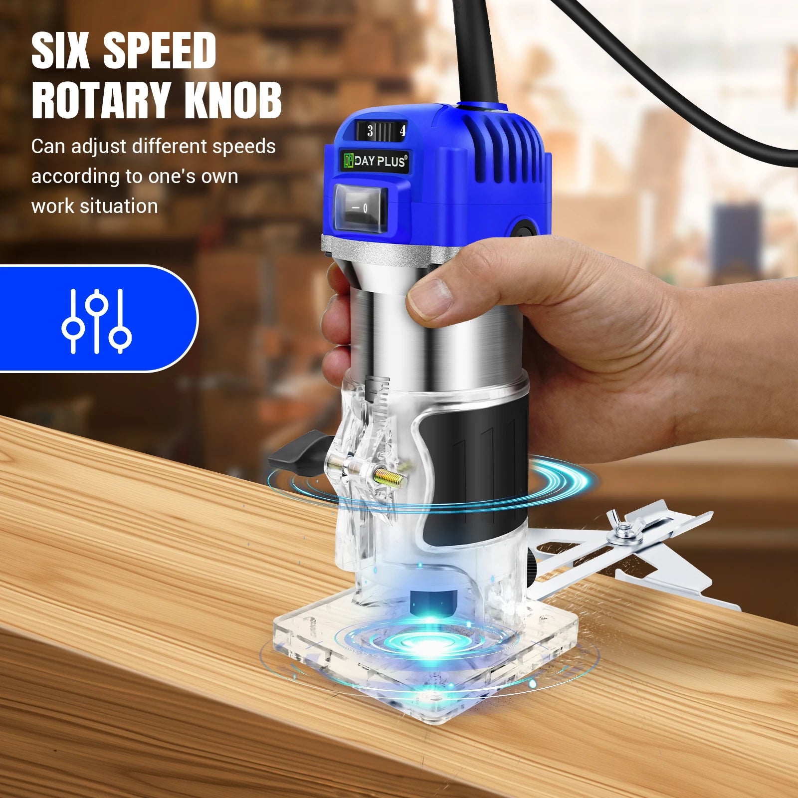 800W Electric Wood Hand Trimmer Laminator, , 4000-30000 RPM, 6 Variable Speed, 15PCS 1/4" Router Bits Set, Transparent Base