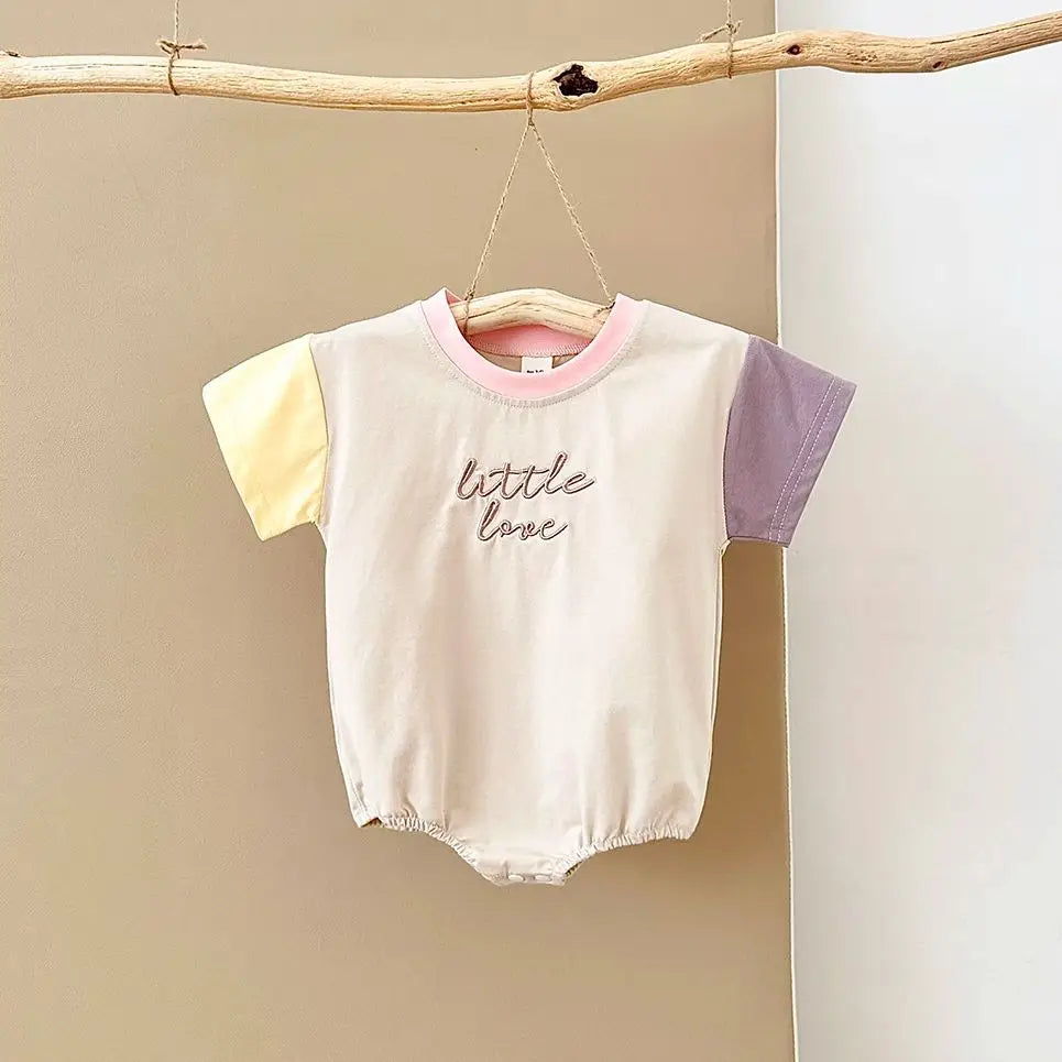 INS Newborn Girls Romper Short Sleeved Letter Embroidered Color Block Jumpsuit Baby Boys Clothes Summer Infant 0-18M