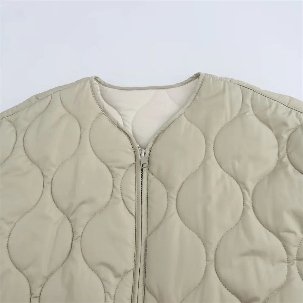 UNIZERA 2024 Autumn/Winter New Product Fashion Casual Women's Round Neck Curled Edge Long Sleeve Zipper Cotton Jacket Coat