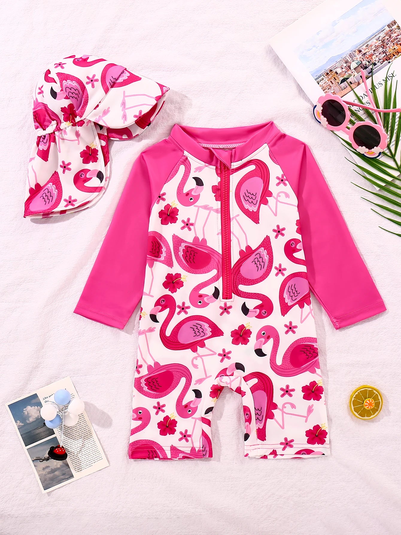 Baby Boys And Girls Cartoon Cute Full Printed Long Sleeved One-Piece Swimsuit + Swim Cap