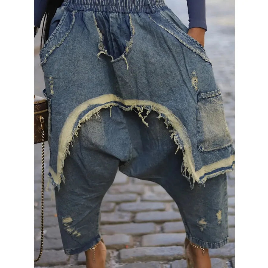 Women Jeans Harem Pants Hip Hop Punk Denim Pant Hole Elastic Waist Washed Distressed Pockets Streetwear 2025 Ripped Trousers