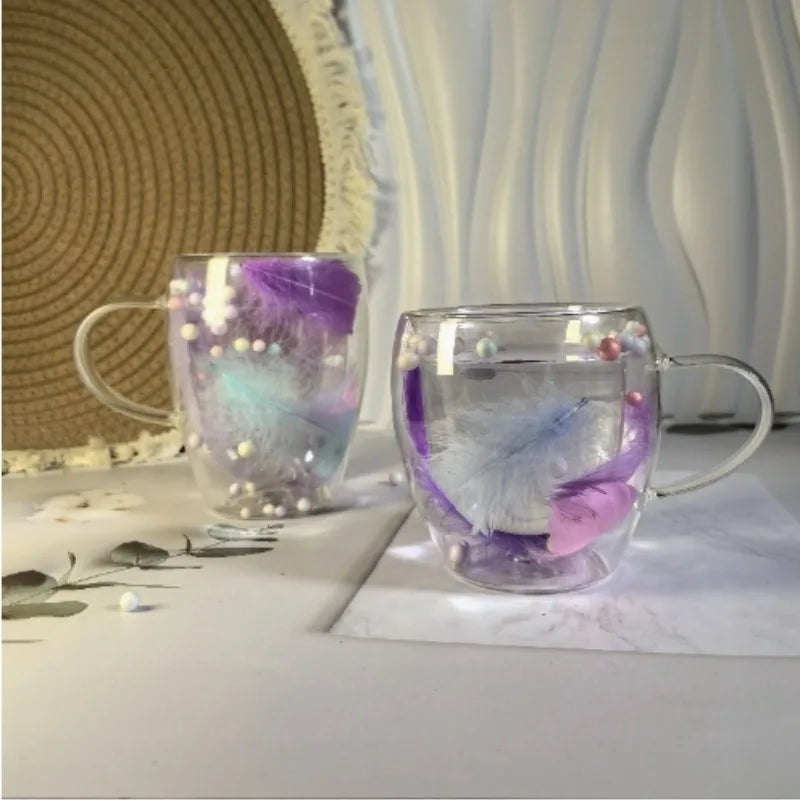 250/350ML Feather Design Glass Cup with Handle Double Layer Coffee Cup Transparent Heat Resistant Home Office Exquisite Gift Cup