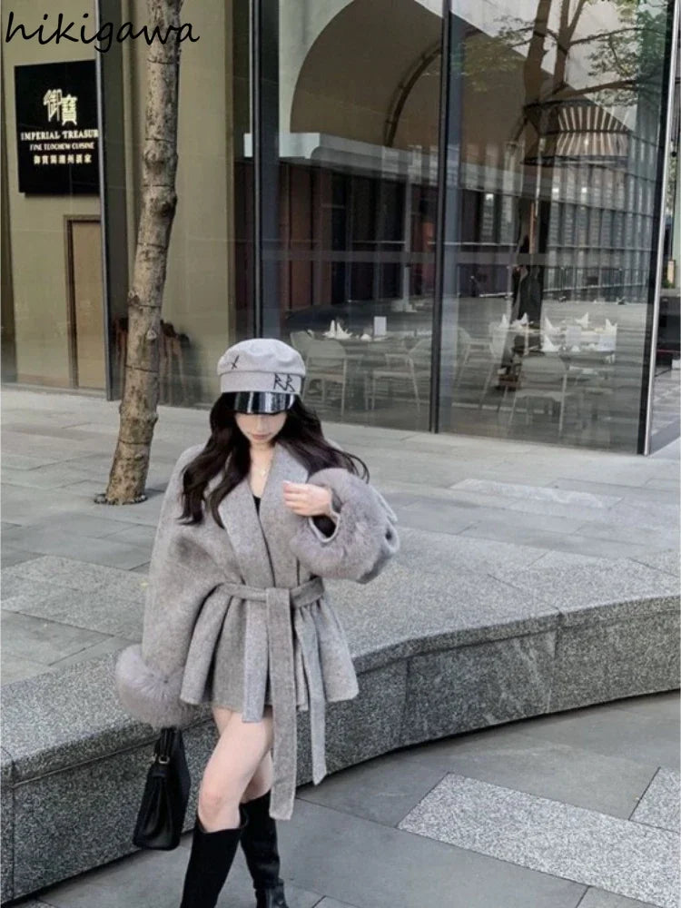 Fashion Coats Women Patchwork Furry Long Sleeve Bandage Outwear Korean Y2k Clothing Slim Waist Temperament Solid Color Jackets