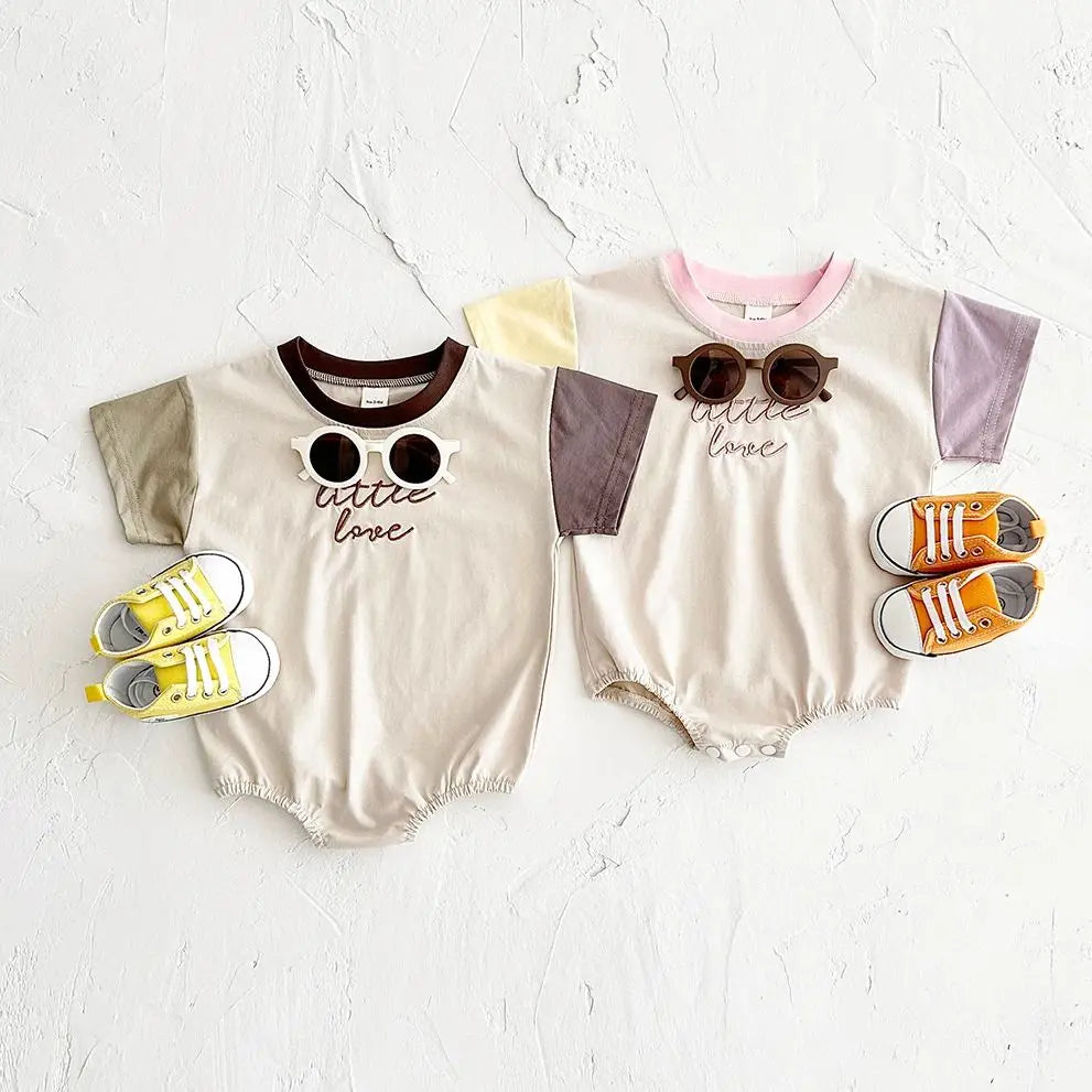 INS Newborn Girls Romper Short Sleeved Letter Embroidered Color Block Jumpsuit Baby Boys Clothes Summer Infant 0-18M