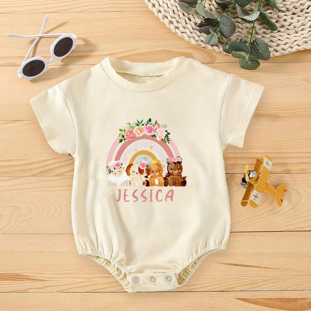 Personalized Rainbow with Name Bubble Romper Infant Jungle Birthday Party Clothes Baby Oversized Bodysuit Cute Wild One Jumpsuit