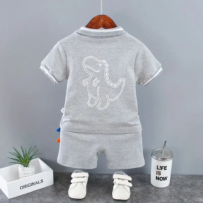 New Summer Outfits Baby Boys 9 To 12 Months Dinosaur Printed Turn-down Collar T-shirts Tops and Shorts 2PCS Infant Clothing Sets