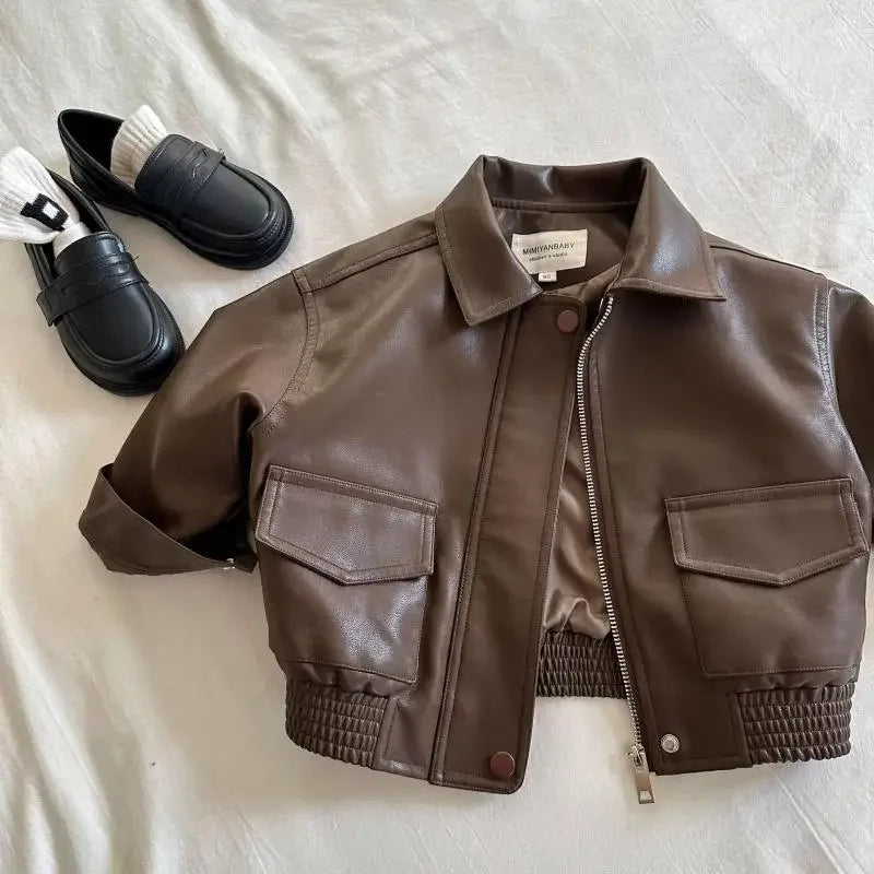 2-10Y Baby Boys Girls Zipper Jackets Brown PU Leather Lapel Collar Coats Korean Style Autumn Single Breasted Toddler Cardigans