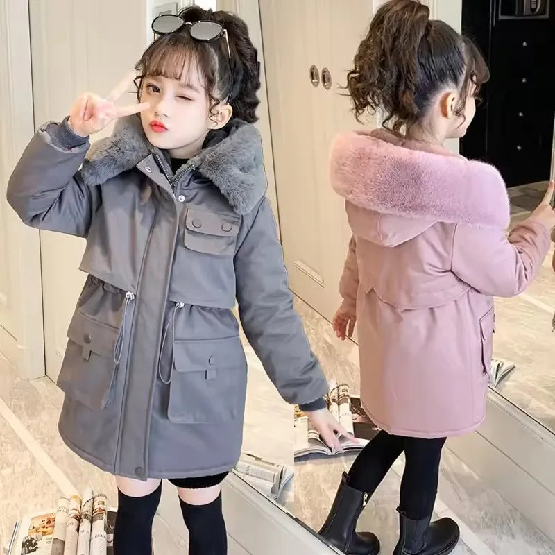 Thicken Girls Jackets Plush Velvet Fur Collar Kids Coats Children's Winter Warm Hooded Outerwear Teenager Fashion Padded Parka
