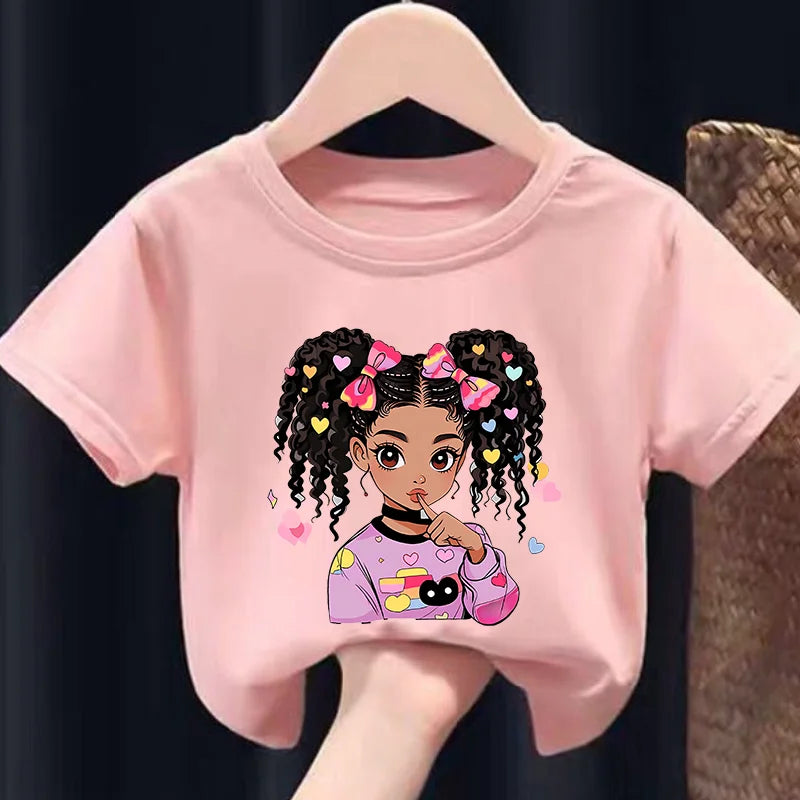 Colorful Cute BLACK GIRL Print Girls Soft and Stretchy Round Neck Short Sleeve T-shirt Kids Clothes Clothes Girls Clothes Bs