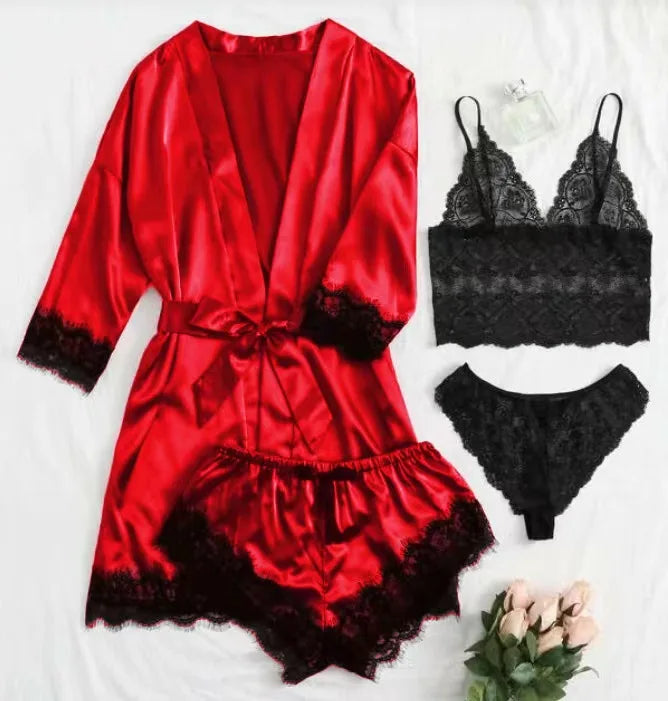 New Women's Sleepwear Set For Summer, A 4-piece Lace Camisole Home Outfit With A Robe, A Sexy V-neck Tie-sleeve Nightdress