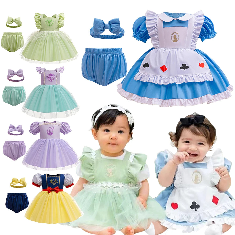 Boutique 3PCS Baby Girls Princess Dress Shorts Bow Headwear 1st 2nd Birthday Party Infant Clothing Set Halloween Alice Costume