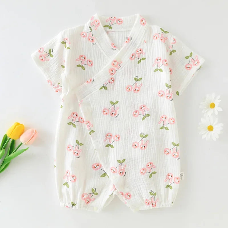 Girls Baby Summer Short-sleeved Jumpsuit Kids Gauze Cotton Full Print Romper Clothes Newborn Pajamas 0-18M