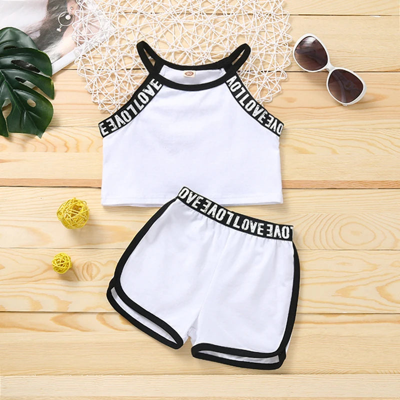 Trendy Summer Children's Sports Clothing Set 2-6Y Patchwork Letter Camisole and Shorts 2Pcs for Girls Kid's Casual Vest Outfit