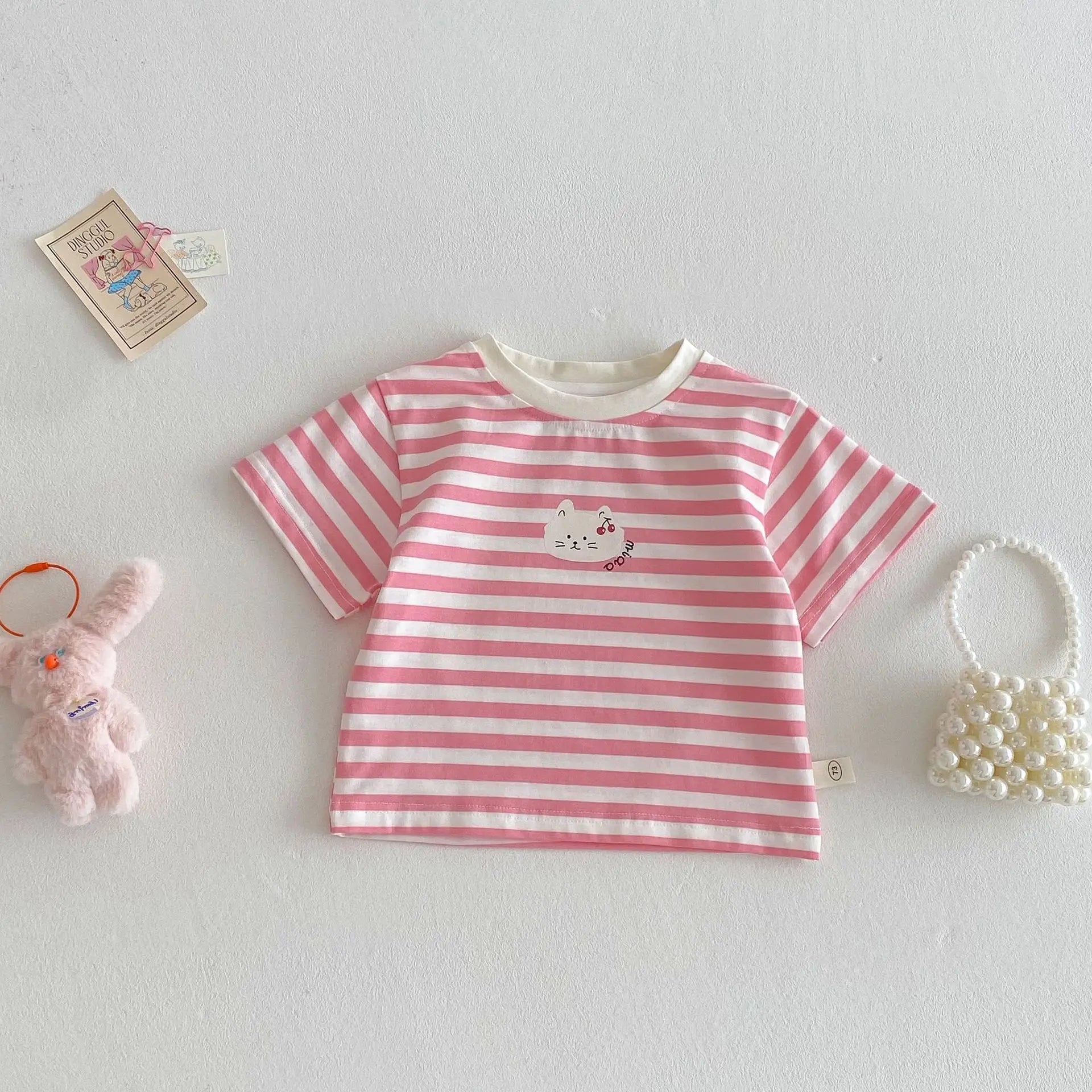 Girl's Cartoon T-shirt 2025 New Summer Baby Patch Cat Base Shirt Thin Children's Western Korean Edition Summer Dress