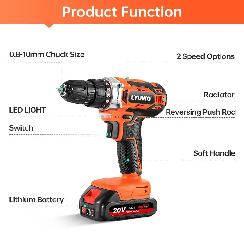 20V Cordless Drill 40N.m 25 Plus 1 LYUWO Electric Screwdriver Keyless Chuck Two Gear Speed ​​Wireless Power Driver Battery Tools
