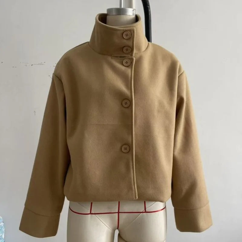Casual Women's Short Woolen Coats Loose Lapel Single-breasted Long Sleeve Thick Jacket 2025 Autumn Winter Lady Elegant Outwear