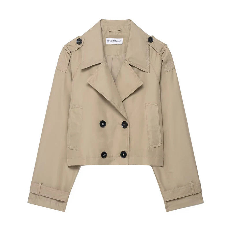 RAFZNB Women's Fashion Double-Breasted Short Trench Coat, Turn-Down Collar, Long Sleeves, Vintage Female Outerwear, Chic Tops