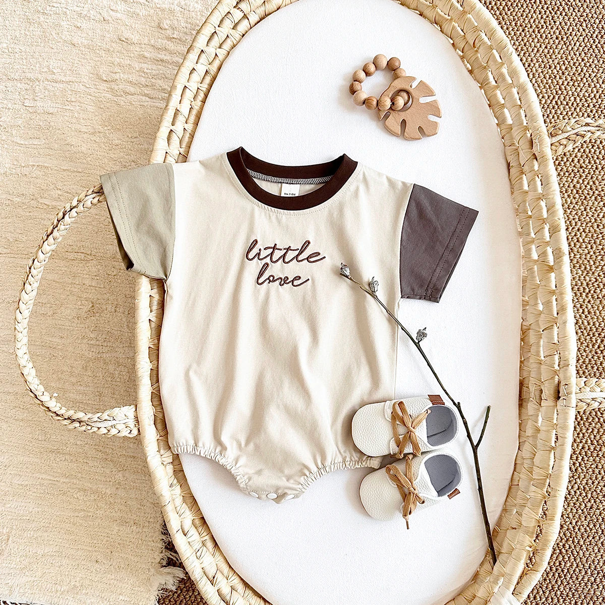 INS Newborn Girls Romper Short Sleeved Letter Embroidered Color Block Jumpsuit Baby Boys Clothes Summer Infant 0-18M