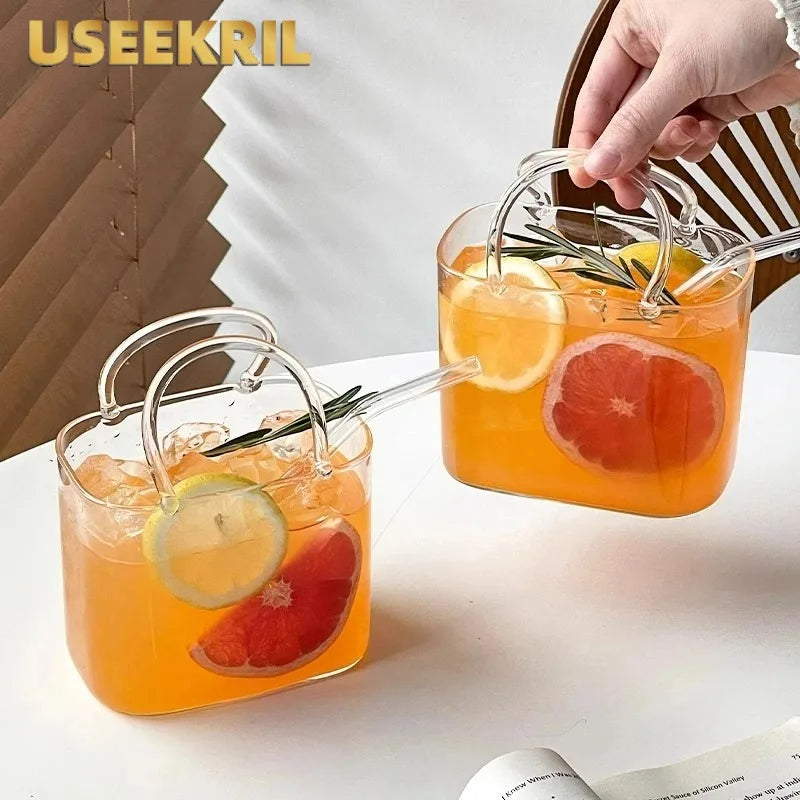 Portable Handbag Glass Cup,Creative Cocktail Glasses Cups,Funny Fruit Wine Glass Cups,Ins Style Bag Glass With Straw,Bar Tools