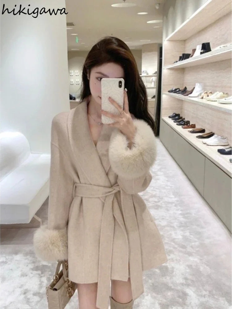 Fashion Coats Women Patchwork Furry Long Sleeve Bandage Outwear Korean Y2k Clothing Slim Waist Temperament Solid Color Jackets