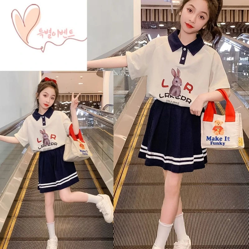 Summer Teenage Girls Clothes Set Children Lapel Tshirt and Pleats Skirts Suit Student School Short Sleeve Top Bottom Outfits