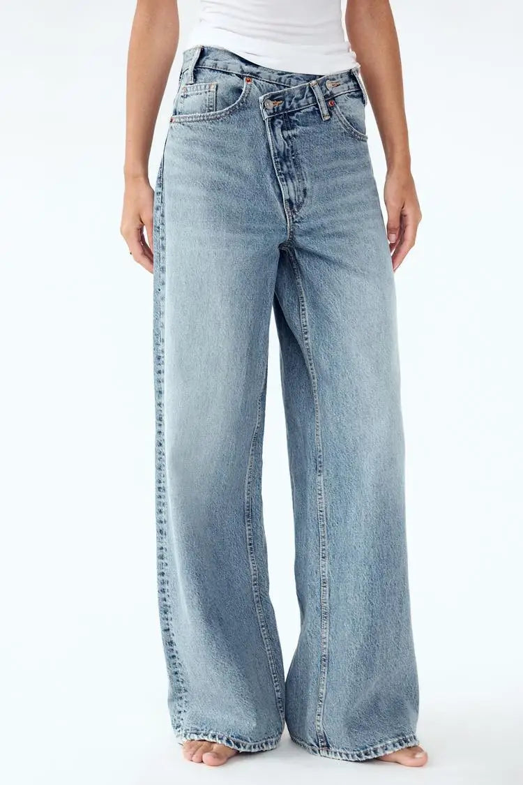 Women Floor Length Pant Jeans Denim Wide Leg Pants Straight Trousers Casual Loose Elegant Splice High Waist Autumn Winter