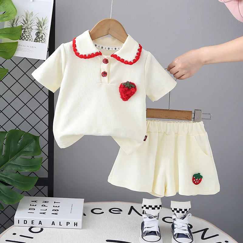 MILANCEL New Summer Kids Clothes Set Girls Cute Strawberry Polo Shirt +Shorts Children Doll Collar Outwear 2PCS