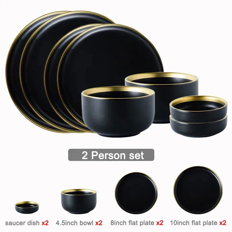 Porcelain Dinner Plates Dishes Plates and Bowls Set Black Tableware Set Food Plate Salad Soup Bowl Dinnerware Set for Restaurant