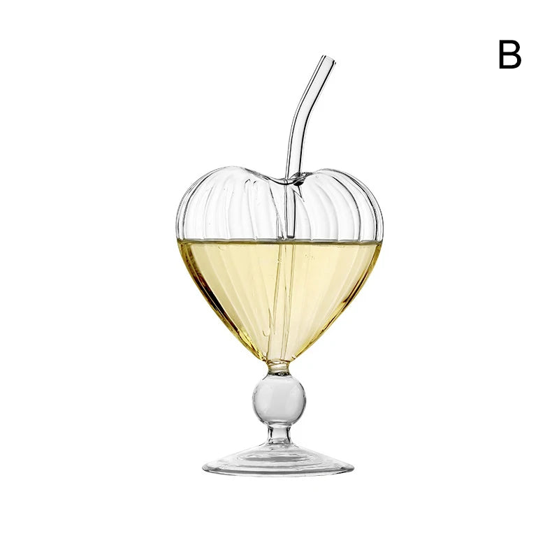 1Pc Creative Lovely Heart-shaped Cup Water Glass With Straw Glass Wine Juice Cup Club Drinkware Container Decoration