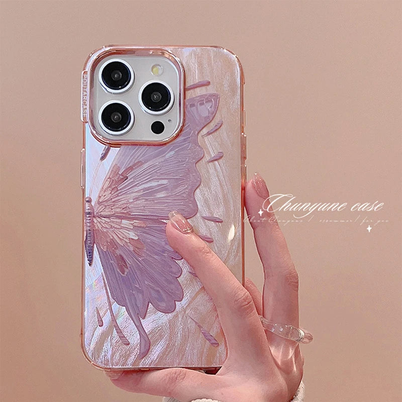 Luxury Pink Butterfly Laser Glitter Phone Case For iPhone 11 12 13 14 15 16 Pro Max Plus Pro Max Fashion Shockproof Bumper Cover