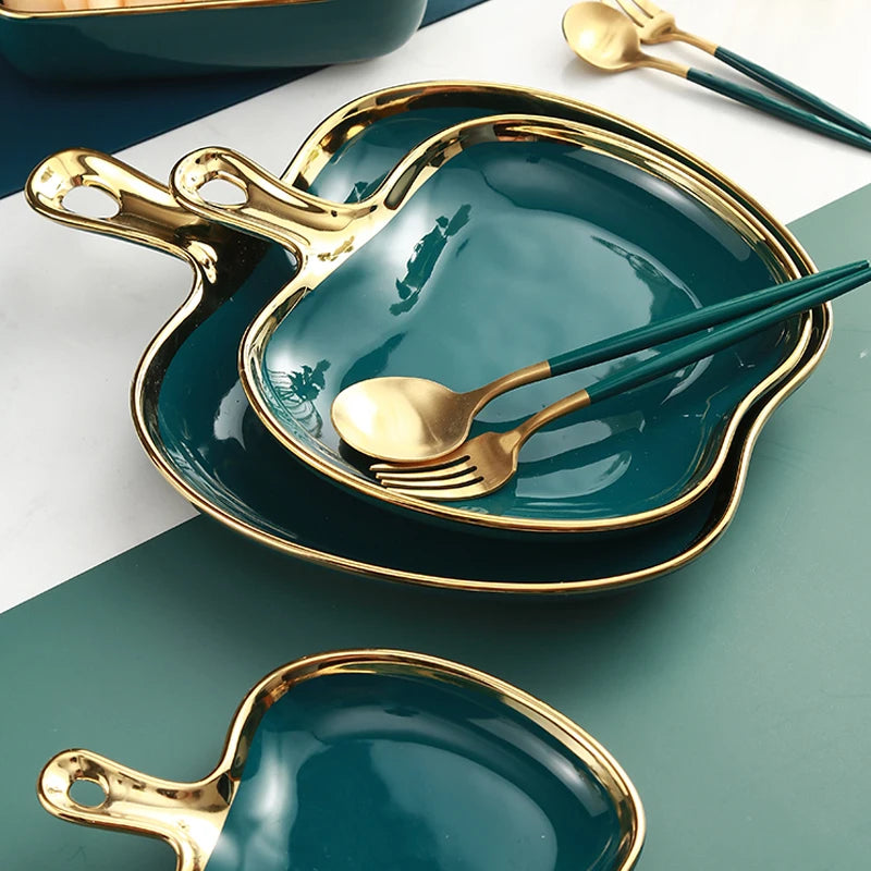Nordic Light Luxury Plate Storage Plate Home Creative Breakfast Plate Tableware Golden Edge Double Ear Plate Kitchen Supplies